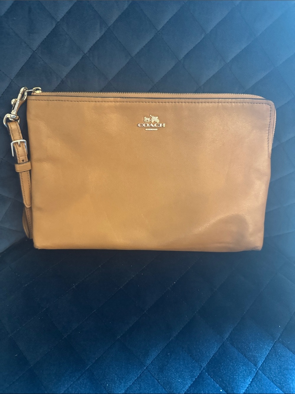 COACH Men's Saddle Brown Leather Zip Pouch Wristlet